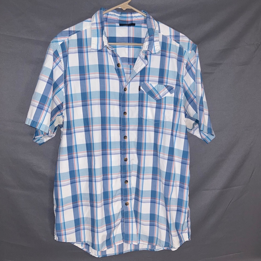 KAVU Mens Plaid Short Sleeve Button Up Shirt Blue White Orange‎ Size XL